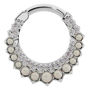 14k white gold moon clicker hoop with pearls and diamonds, closer crop highlighting stone arrangement