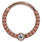 Larger diameter 14k rose gold diamond dome bead clicker ring, flat front view showing wider hoop