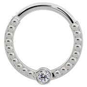 Larger diameter 14k white gold diamond dome bead clicker ring, flat front view showing wider hoop