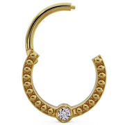 14k yellow gold dome bead clicker ring shown open, displaying hinge and bezel diamond placement