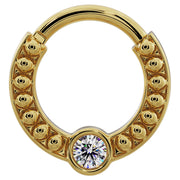 14k yellow gold diamond clicker ring with dome beads and bezel-set diamond, front view