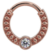 14k rose gold diamond clicker ring with dome bead texture and bezel-set diamond, front view