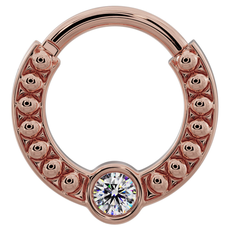 14k rose gold diamond clicker ring with dome bead texture and bezel-set diamond, front view