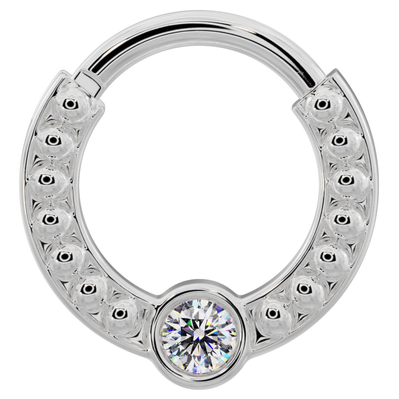 14k white gold diamond clicker ring with polished dome beads and center diamond, front view