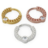 All three metal color options of 14k gold diamond dome bead clicker ring: yellow, rose, and white gold