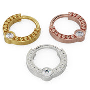 All three metal color options of 14k gold diamond dome bead clicker ring: yellow, rose, and white gold