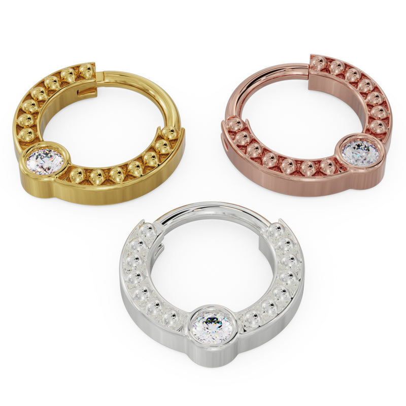All three metal color options of 14k gold diamond dome bead clicker ring: yellow, rose, and white gold