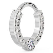 Side profile of 14k white gold dome bead clicker ring showing smaller hoop size and bezel diamond