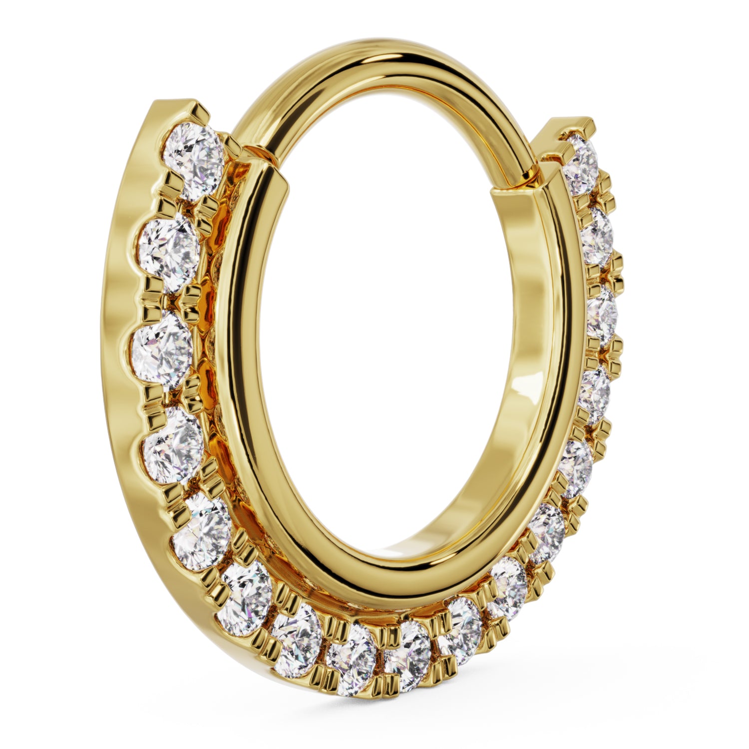 Side view Gold Large Band and Diamonds Clicker 14k Gold Clicker Ring Hoop