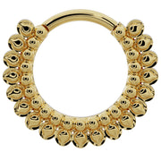 14k yellow gold petal clicker hoop larger size front view, showing fuller stacked bubble coverage