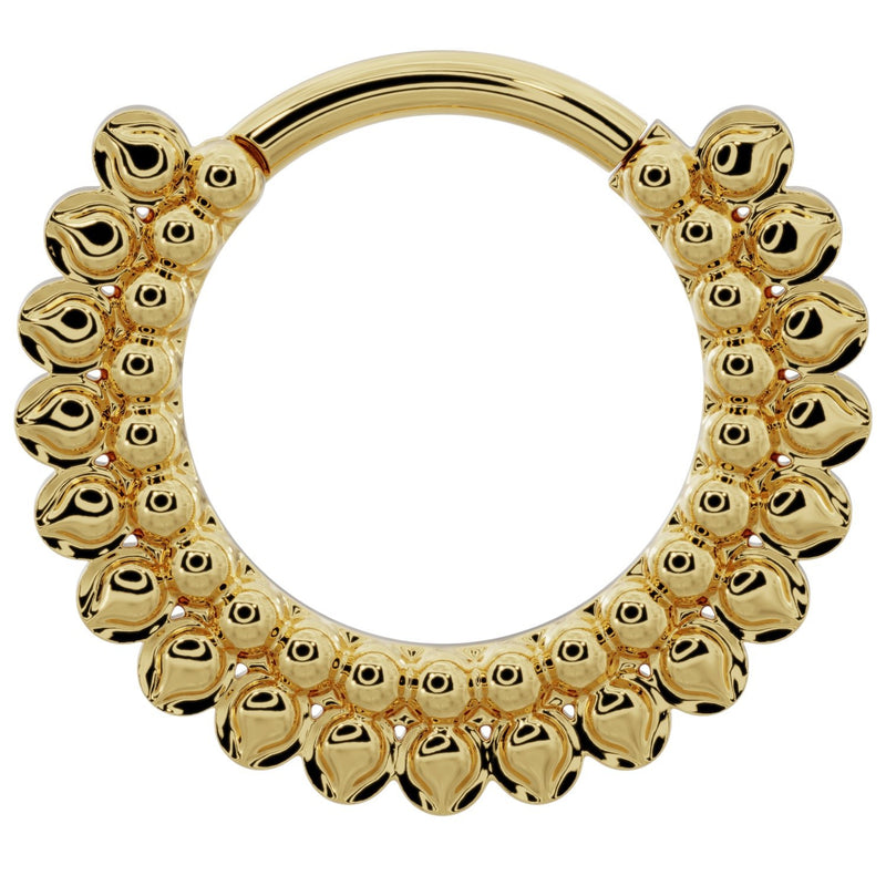 14k yellow gold petal clicker hoop larger size front view, showing fuller stacked bubble coverage