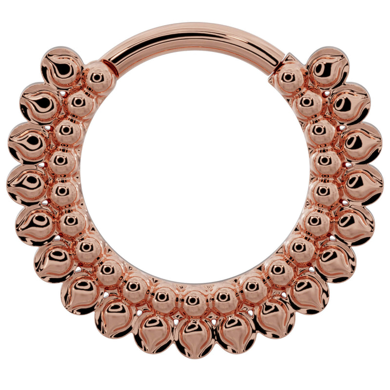 14k rose gold petal clicker hoop larger size front view with three rows of polished petal detail