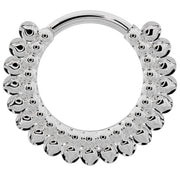 14k white gold petal clicker hoop larger size front view with bright polished stacked bubble design