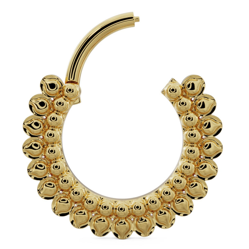 14k yellow gold petal clicker ring shown open at clasp, larger size displaying full petal design