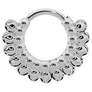 14k white gold petal clicker ring hoop with polished stacked bubble design, front view