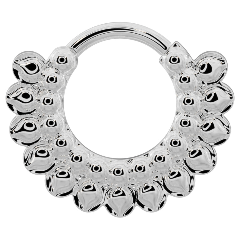 14k white gold petal clicker ring hoop with polished stacked bubble design, front view