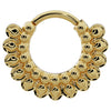 14k yellow gold petal clicker ring hoop with stacked bubble detail, front view