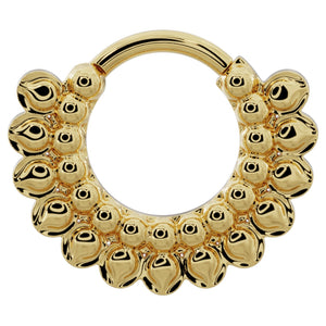 14k yellow gold petal clicker ring hoop with stacked bubble detail, front view