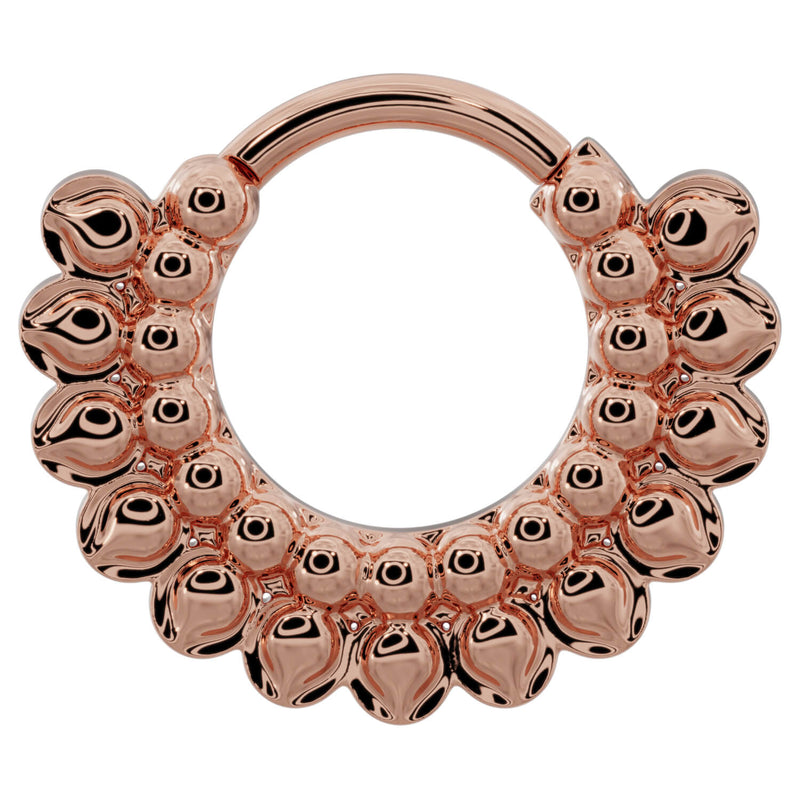 14k rose gold petal clicker ring hoop with layered bubble petal detail, front view