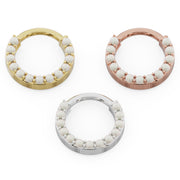 Pearl 14k gold clicker ring hoops in all three metal colors: yellow, rose, and white gold, top view