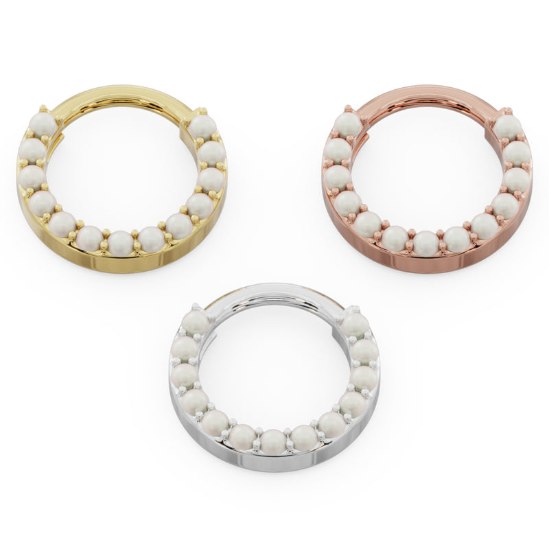 Pearl 14k gold clicker ring hoops in all three metal colors: yellow, rose, and white gold, top view