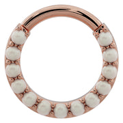 14k rose gold pearl clicker ring hoop, front view with prong-set genuine pearls