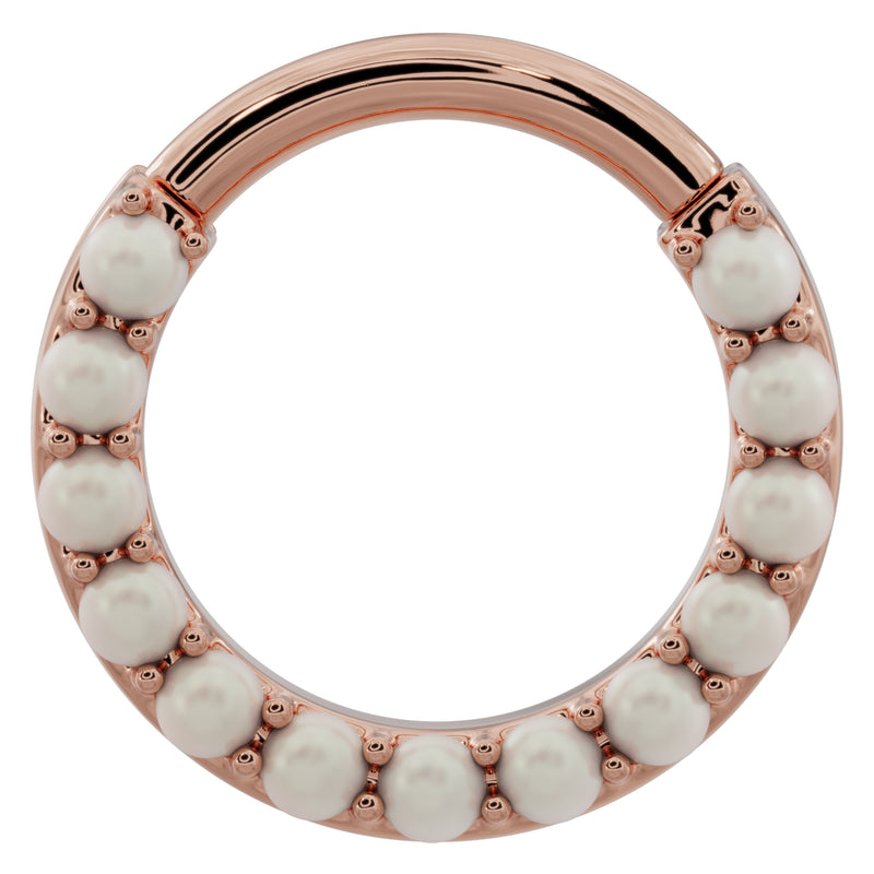 14k rose gold pearl clicker ring hoop, front view with prong-set genuine pearls