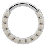 14k white gold pearl clicker ring hoop, front view with prong-set genuine pearls