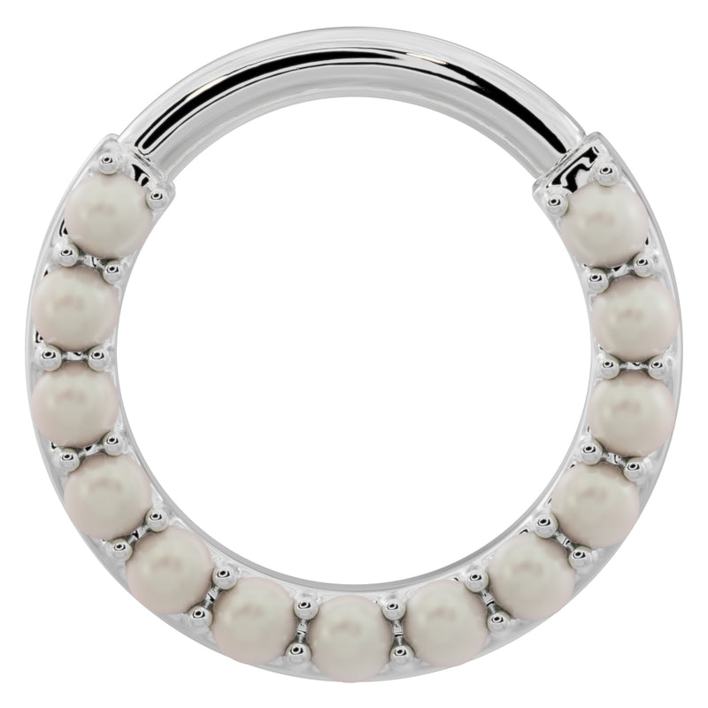 14k white gold pearl clicker ring hoop, front view with prong-set genuine pearls