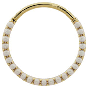 Large 14k yellow gold pearl clicker hoop, larger diameter front view with full pearl coverage