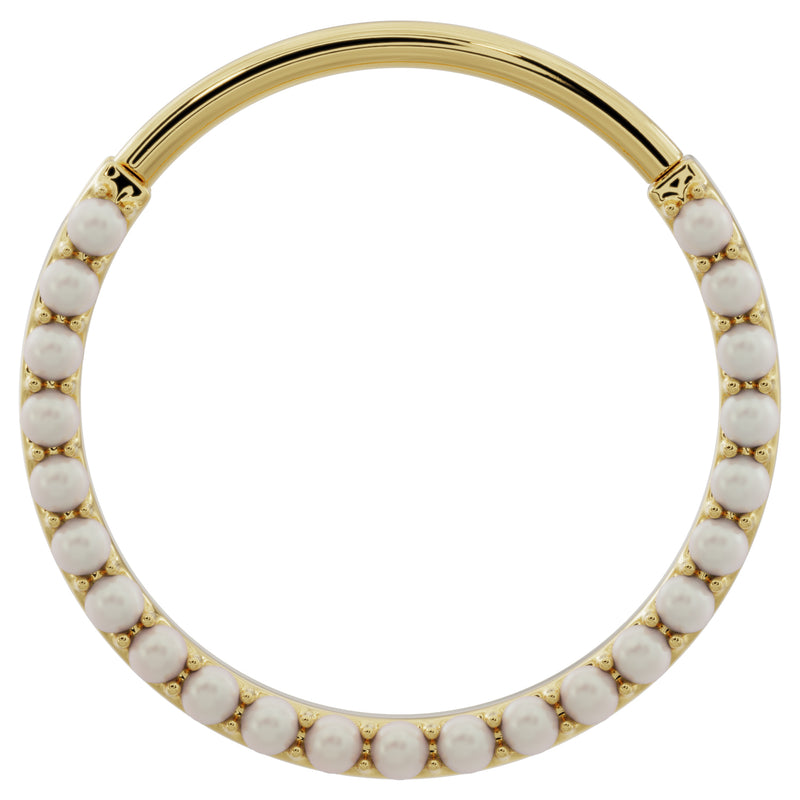 Large 14k yellow gold pearl clicker hoop, larger diameter front view with full pearl coverage