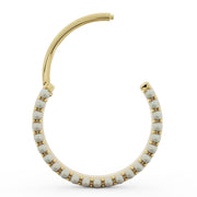 Large 14k yellow gold pearl clicker hoop shown open at hinge, angled view of clicker mechanism