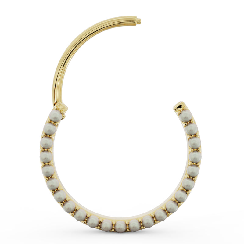 Large 14k yellow gold pearl clicker hoop shown open at hinge, angled view of clicker mechanism