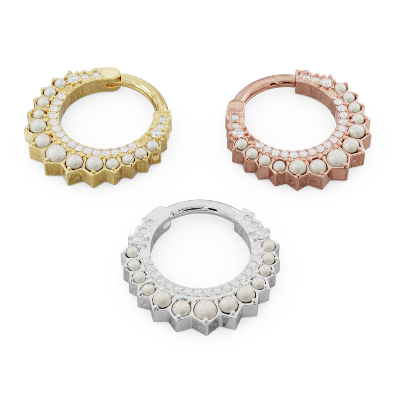 All three 14k gold color options of pearl diamond moon clicker hoop shown from back, angled top-down view