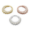 Opal and diamond moon clicker hoop in all three 14k gold colors: yellow, rose, and white gold, reverse view