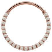 Large 14k rose gold pearl clicker hoop, larger diameter front view with genuine pearl setting