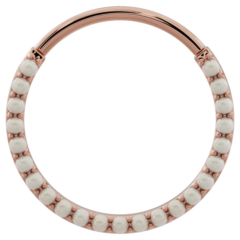 Large 14k rose gold pearl clicker hoop, larger diameter front view with genuine pearl setting