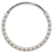 Large 14k white gold pearl clicker hoop, larger diameter front view with genuine pearl setting