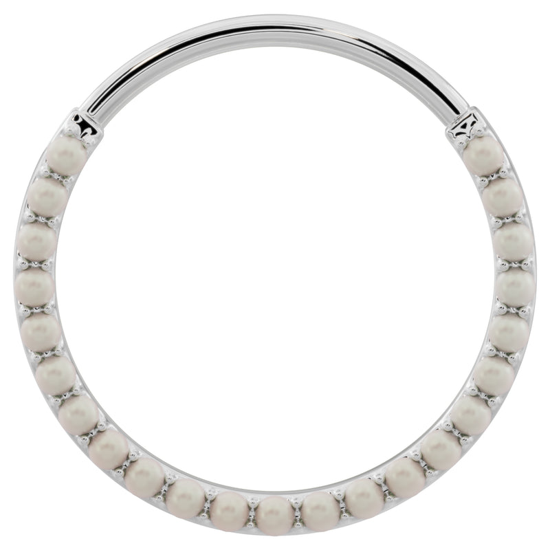 Large 14k white gold pearl clicker hoop, larger diameter front view with genuine pearl setting