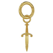 14k yellow gold dagger charm attached to a clicker hoop ring, showing how charm connects to jewelry