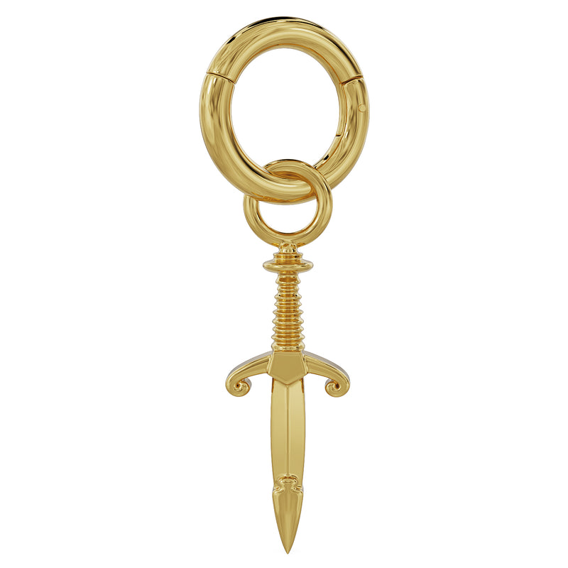14k yellow gold dagger charm attached to a clicker hoop ring, showing how charm connects to jewelry