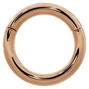 14k rose gold plain clicker hoop, 14G front view with wide tube and warm rose-tone polish