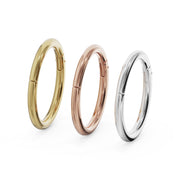 14k yellow, rose, and white gold plain clicker ring hoops side by side showing all metal color options