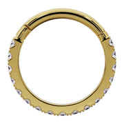 Front-facing flat view of 14k yellow gold diamond clicker ring, closed position showing hinge at top