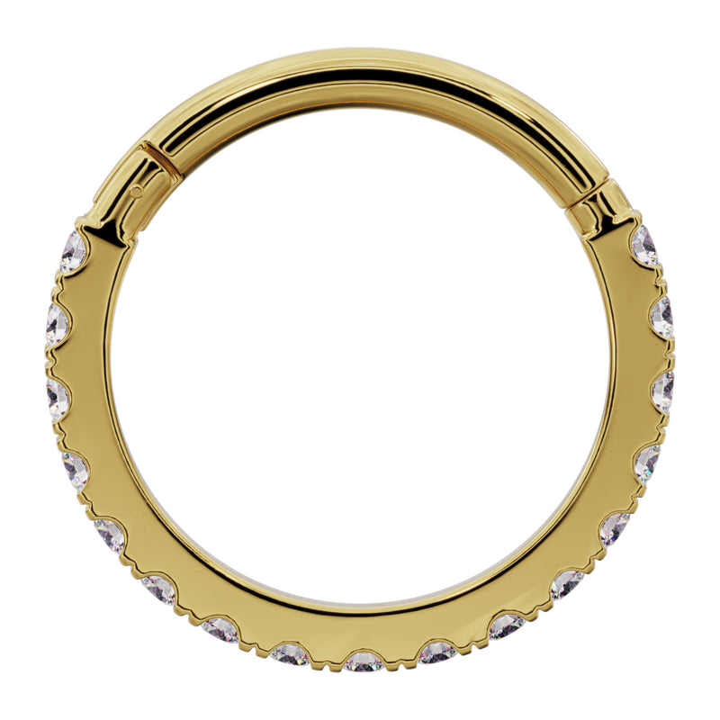 Front-facing flat view of 14k yellow gold diamond clicker ring, closed position showing hinge at top