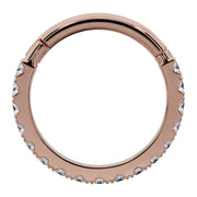Reverse flat view of 14k rose gold diamond clicker ring showing smooth back and full diamond border
