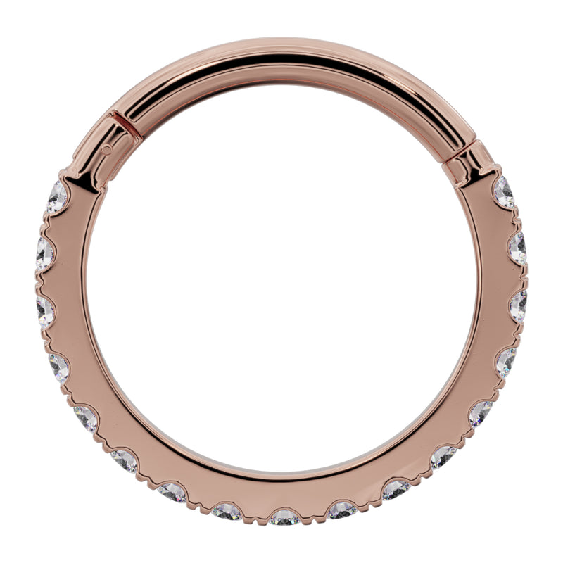 Reverse flat view of 14k rose gold diamond clicker ring showing smooth back and full diamond border