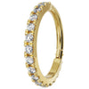 14k yellow gold diamond infinity clicker ring, angled view showing VS1 diamond prong settings along hoop