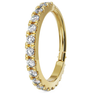 14k yellow gold diamond infinity clicker ring, angled view showing VS1 diamond prong settings along hoop