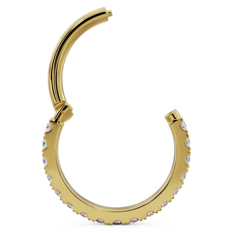 14k yellow gold diamond clicker ring shown open, revealing the clicker hinge and diamond-set lower arc